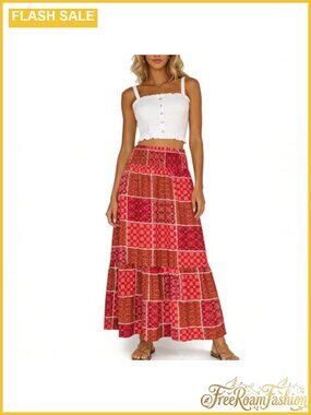 Boho Floral Maxi Skirt High Waisted A Line Flowy Beach Skirt with Pockets